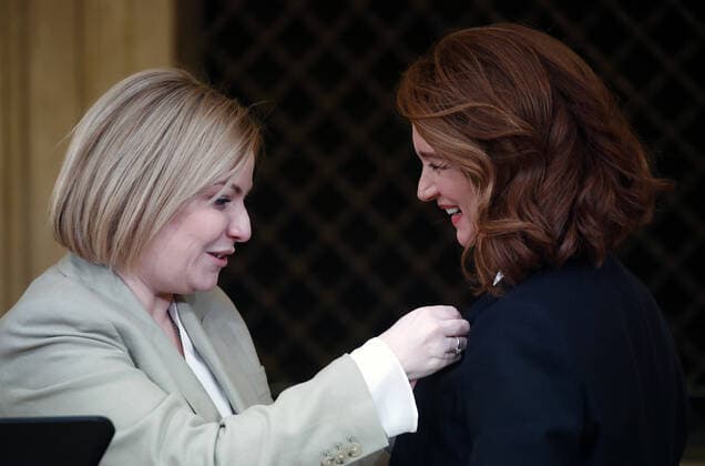 MOSCOW, RUSSIA - DECEMBER 24, 2020: Russia s Culture Minister Olga Lyubimova (L) awards actress Viktoria Isakova with an Order for Merit to the Fatherland 2nd class during a ceremony at the Beethoven Concert Hall of the Bolshoi Theater. Artyom Geodakyan TASS  TS0F2B5B