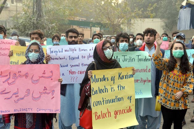 Pakistan: Protest against social activists Activists of Civil Society hold placards during protest against social activists women Karima Baloch killed in Canada outside press club Lahore on December 24, 2020.A dissident Pakistani human rights activist living in exile in Canada has been found dead in Toronto after going missing.Karima Baloch, 37, was granted asylum in Canada in 2016 after her work as a human rights activist in the troubled Pakistan state of Balochistan had led to her being followed and threatened by the authorities.The first chair of the Baloch Students Organization (BSO-Azad), a political student organisation, she had been advocating for the rights of those in a region home to a long-running insurgency movement, and raising Copyright: RanaxSajidxHussain