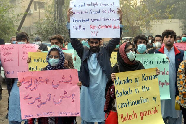 Pakistan: Protest against social activists Activists of Civil Society hold placards during protest against social activists women Karima Baloch killed in Canada outside press club Lahore on December 24, 2020.A dissident Pakistani human rights activist living in exile in Canada has been found dead in Toronto after going missing.Karima Baloch, 37, was granted asylum in Canada in 2016 after her work as a human rights activist in the troubled Pakistan state of Balochistan had led to her being followed and threatened by the authorities.The first chair of the Baloch Students Organization (BSO-Azad), a political student organisation, she had been advocating for the rights of those in a region home to a long-running insurgency movement, and raising Copyright: RanaxSajidxHussain