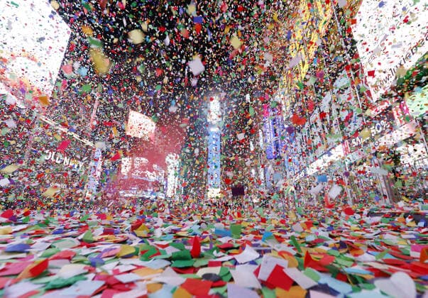 Confetti fills the air and fireworks explode over One Times Square which is empty and closed to the public due to the coronavirus pandemic after midnight of the New Year s Eve, New Years Day celebration in New York City on Friday, January 1, 2021. Due to the ongoing COVID-19 pandemic, New Year s Eve 2021 in Times Square was not open to the public this year.  NYP20210101125 JohnxAngelillo