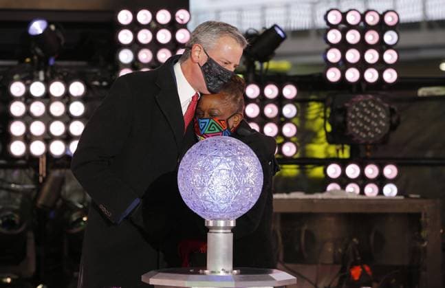 Mayor Bill De Blasio hugs his wife Chirlane McCray after dropping the ball in Times Square on New Year s Eve on Thursday, December 31, 2020 in New York City. Pool  NYPX20201231242 GaryxHershorn