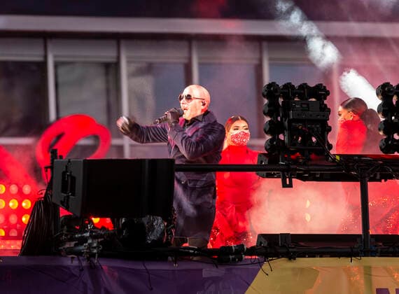 2021 New Year celebration on Times Square Armando Christian Perez known as Pitbull performs on stage during 2021 New Year celebration on Times Square. Because of COVID-19 pandemic no revelers were allowed to be on Times Square, only few essential workers received special invitations and were seated inside socially distanced pods. New York New York United States Copyright: LevxRadin