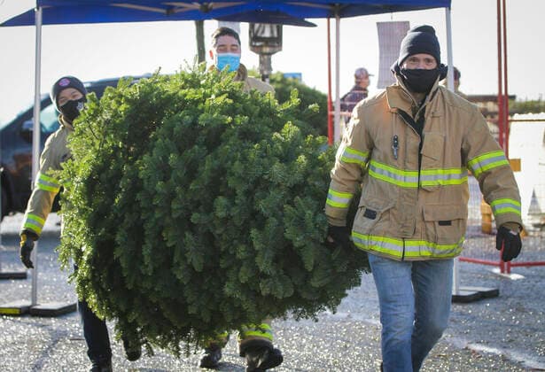 (210103) -- RICHMOND (CANADA), Jan. 3, 2021 -- Firefighters carry a Christmas tree at the annual Christmas tree chipping event in Richmond, British Columbia, Canada, on Jan. 3, 2021. Firefighters volunteered to help residents recycle their Christmas trees at the annual tree chipping event. (Photo by Xinhua) CANADA-RICHMOND-FIREFIGHTERS-CHRISTMAS TREE CHIPPING LiangxSen 
