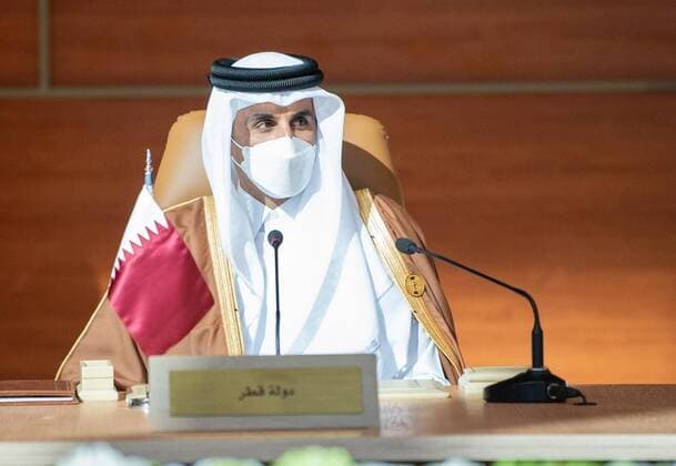(210105) -- AL-ULA (SAUDI ARABIA), Jan. 5, 2021 -- Qatari Emir Sheikh Tamim bin Hamad Al Thani attends the Gulf Cooperation Council Summit in Al-Ula, Saudi Arabia, on Jan. 5, 2021. Saudi Arabian Foreign Minister Prince Faisal bin Farhan on Tuesday hailed end of the Gulf crisis with Qatar as a new chapter for the Gulf s security and stability. The Al-Ula Declaration signed on Tuesday at the Gulf Cooperation Council (GCC) summit, held in Al-Ula, ended the dispute of the Saudi-led Arab camp with Qatar, the Saudi top diplomat was quoted by Al Arabiya TV as saying. ( Handout via Xinhua) SAUDI ARABIA-AL-ULA-GCC SUMMIT-QATAR SaudixPressxAgency 