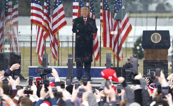 US President Donald J. Trump delivers remarks to supporters gathered to protest Congress upcoming certification of Joe Biden as the next president on the Ellipse in Washington, DC, USA, 06 January 2021. Various groups of Trump supporters are gathering to protest as Congress prepares to meet and certify the results of the 2020 US Presidential election. Copyright: xShawnxThewx xPoolxviaxCNPx MediaPunchx