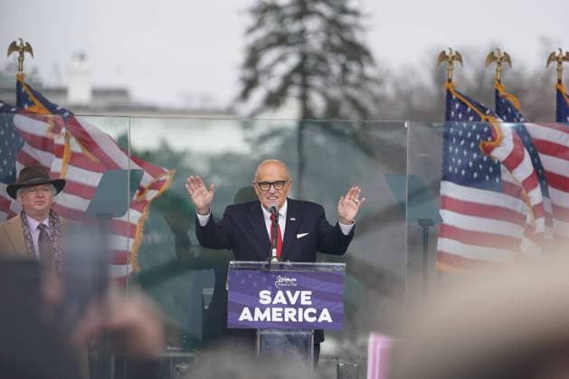 January 6, 2021, Washington, D.C, USA: RUDY GIULIANI speaks as supporters of Donald Trump attend a rally protesting the 2020 election results in Washington, DC., on January 7, 2021. Washington, D.C. USA - ZUMAb148 20210106_zap_b148_069 Copyright: xBryanxSmithx