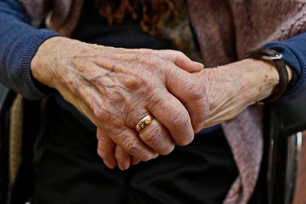 03 03 20, Essen, North Rhine-Westphalia, Germany Retirement home in Essen View into the facility View of the hands of a 100 year old resident sitting in a wheelchair Life in the retirement home
