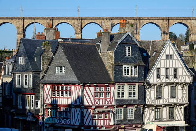 old half-timbered houses at the Place Alende, behind viaduct of the railway line Paris Brest, Morlaix Montroulez, department Finistere Penn Ar Bed, region Bretagne Breizh, France