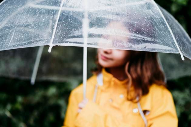 Girl in raincoat holding umbrella while standing outdoors model released Symbolfoto EBBF01164