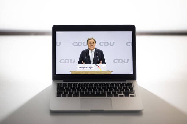 Armin Laschet, CDU, State Premier of North Rhine-Westphalia, recorded on a computer monitor during his candidacy speech for the CDU party presidency at the 33rd party congress of the CDU Germany in Berlin, 16 01 2021 The party congress will be held on Friday and Sa Copyright: xFlorianxGaertner photothek.dex