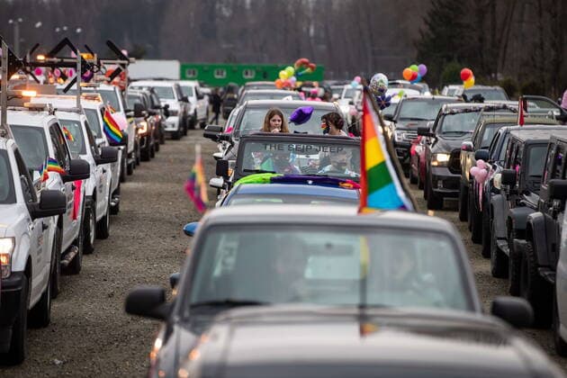 January 17, 2021, Mission, BC, Canada: People wait to participate in an anti-bullying parade of more than 1,000 vehicles in support of a transgender teenager who was allegedly assaulted outside a school, in Mission, B.C., on Sunday, January 17, 2021. According to RCMP two students were arrested and charges were recommended in regards to the incident that was recorded and posted online. Mission Canada  - ZUMAc35_ 20210117_zaf_c35_056 Copyright: xDarrylxDyckx