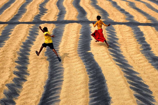 Bilder des Jahres 2021, News 01 Januar News Themen der Woche KW02 News Bilder des Tages January 17, 2021, Santipur, West Bengal, India: Children seen playing in a rice processing field..Drying of paddy grains is one of the most important step before sending them to Rice mill. By reducing the moisture level of the grain, the risk of bacteria is being kept to the minimum for storage. Santipur India - ZUMAs197 20210117_zaa_s197_154 Copyright: xAvishekxDasx
