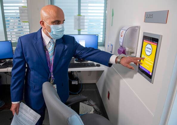 January 18, 2021, Vaughan, on, Canada: Altaf Stationwala, President and CEO of Mackenzie Health demonstrates a roomÃ¢â‚¬â ¢s control systems for Ontario Premier Doug Ford during a tour of a digital Intensive Care Unit room at Cortellucci Vaughan Hospital in Vaughan, Ontario on Monday, January 18, 2021. The new hospital is being opened to take patients from other hospitals that are strained by COVID-19. Vaughan Canada  - ZUMAc35_ 20210118_zaf_c35_038 Copyright: xFrankxGunnx
