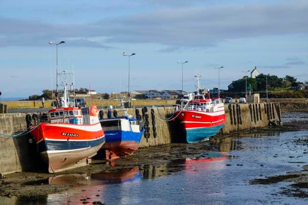 Fischkutter im Hafen von Roscoff bei Ebbe, hinten Kapelle Sainte-Barbe, Departement Finistere Penn ar Bed, Region Bretagne Breizh, Frankreich *** Fishing boat in the harbour of Roscoff at low tide, in the back chapel Sainte Barbe, Departement Finistere Penn ar Bed, Region Bretagne Breizh, France