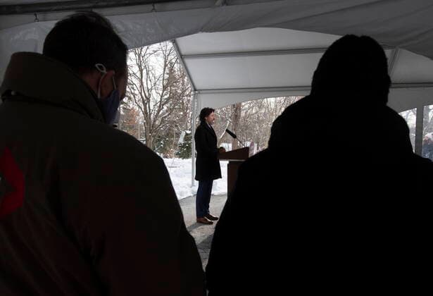 January 19, 2021, Ottawa, on, Canada: Reporters look on as Prime Minister Justin Trudeau speaks outside Rideau cottage during a news conference in Ottawa, Tuesday, January 19, 2021. Ottawa Canada  - ZUMAc35_ 20210119_zaf_c35_005 Copyright: xAdrianxWyldx