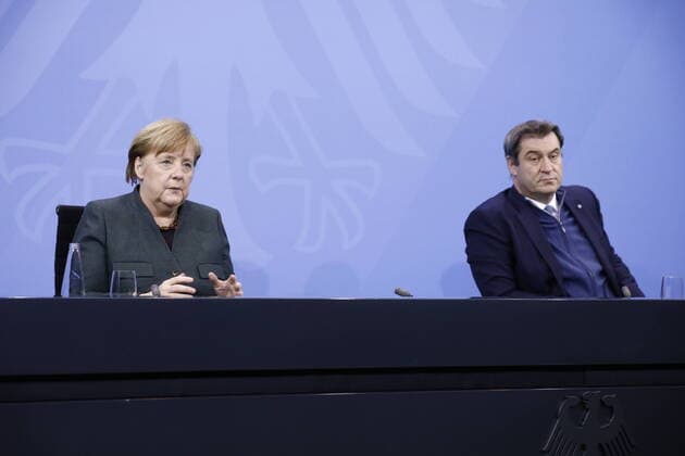 Chancellor Angela Merkel, Markus Söder, Bavarian Prime Minister, Germany, Berlin, Federal Chancellery, Pool PK BKin Merkel Länderschefs, 19 01 2021 Berlin Berlin Germany Poolfoto Copyright Metodi Popow ,EDITORIAL USE ONLY