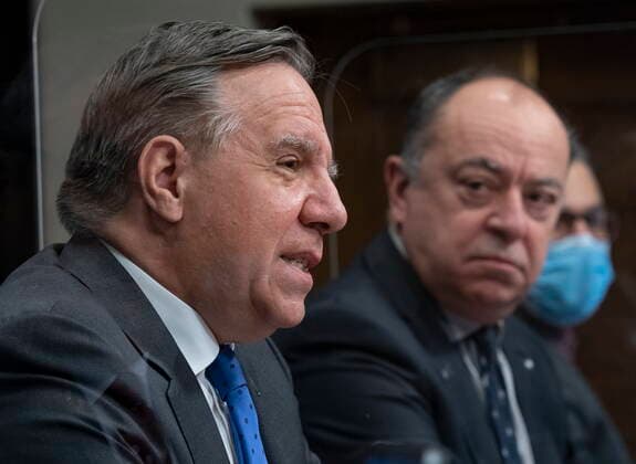 January 21, 2021, Quebec, PQ, Canada: Quebec Premier Francois Legault speaks during a news conference on the COVID-19 pandemic, Thursday, January 21, 2021 at the legislature in Quebec City. Quebec Health Minister Christian Dube, right, looks on. Quebec Canada  - ZUMAc35_ 20210121_zaf_c35_038 Copyright: xJacquesxBoissinotx