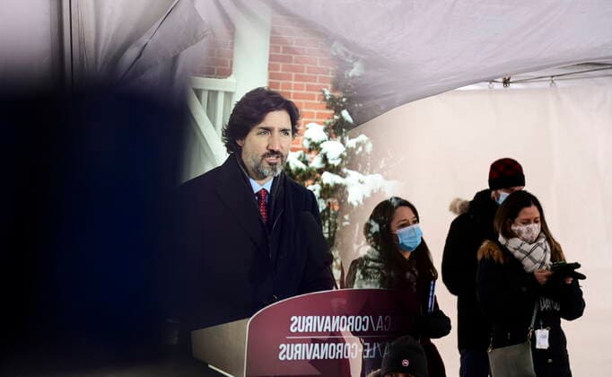 January 22, 2021, Ottawa, on, Canada: Prime Minister Justin Trudeau is reflected in a mirrored filter on a TV camera as he holds a press conference at Rideau Cottage in Ottawa on Friday, Jan. 22, 2021. Ottawa Canada  - ZUMAc35_ 20210122_zaf_c35_009 Copyright: xSeanxKilpatrickx