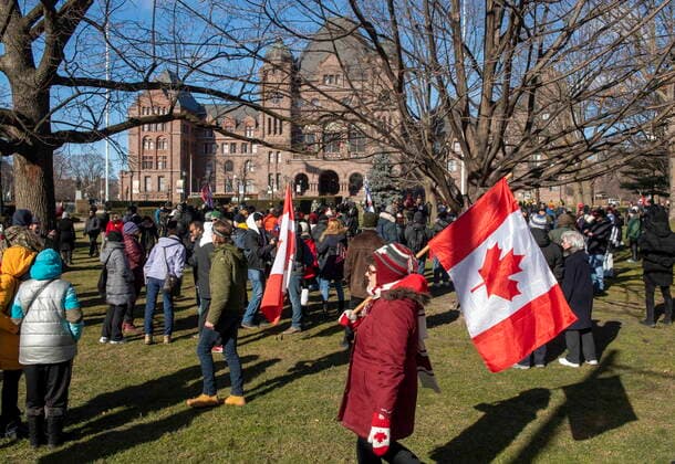 January 23, 2021, Toronto, on, Canada: An anti-mask protesteri gathers on the lawn of the Ontario Legislature n Toronto on Saturday January 23, 2021. The protest travelled through the downtown core for hours and was not stopped by police. Toronto Canada  - ZUMAc35_ 20210123_zaf_c35_031 Copyright: xFrankxGunnx