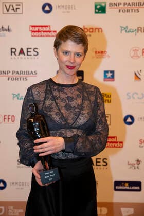 Actress Maaike Neuville poses for the photographer with award for Best Actress at the award ceremony of the Ensors Flemish film prizes during the FFO Nights 2021 of the Oostende Film Festival, Saturday 23 January 2021, in Oostende.  NICOLASxMAETERLINCK 2629215