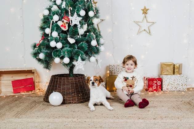 Smiling baby girl with puppy sitting by Christmas tree and gifts at home model released Symbolfoto property released EBBF01959