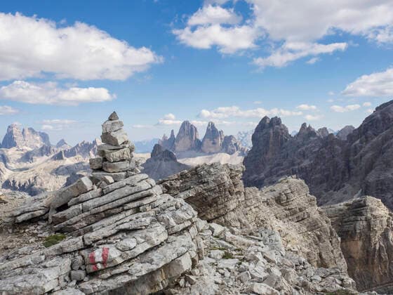 Cairn in Sexten Dolomites with Tre Cime di Lavaredo in background HUSF00170