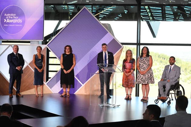 2021 AUSTRALIAN OF THE YEAR AWARDS, (L-R) New South Wales 2021 Australian of the Year finalist Shane Fitzsimmons, Tasmania?s 2021 Australian of the Year finalist Grace Tame, South Australia s 2021 Australian of the Year finalist Tanya Hosch, ACT?s 2021 Australian of the Year finalist Professor Brendan Murphy, Northern Territory?s 2021 Australian of the Year finalist Wendy Page, Victoria s 2021 Australian of the Year finalist Donna Stolzenberg and Queensland?s 2021 Australian of the Year finalist Dr Dinesh Palipana during the 2021 Australian of the Year Awards at the National Arboretum in Canberra, Monday, January 25, 2021. ( NO ARCHIVING, EDITORIAL USE ONLY, NO USE IN BOOKS WITHOUT CONSENT CANBERRA ACT AUSTRALIA Copyright: xMICKxTSIKASx 20210125001515974871