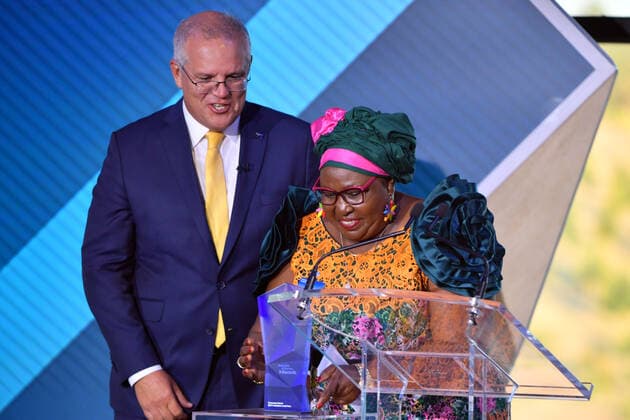 2021 AUSTRALIAN OF THE YEAR AWARDS, Prime Minister Scott Morrison with 2021 Local Hero winner Rosemary Kariuki during the 2021 Australian of the Year Awards at the National Arboretum in Canberra, Monday, January 25, 2021. ( NO ARCHIVING, EDITORIAL USE ONLY, NO USE IN BOOKS WITHOUT CONSENT CANBERRA ACT AUSTRALIA  Copyright: xMICKxTSIKASx 20210125001515976544