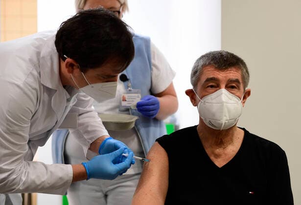 Czech Prime Minister Andrej Babis receives the second vaccine against COVID-19 at the Central Military Hospital in Prague, Czech Republic, on January 24, 2021. (CTKxPhoto RomanxVondrous) CTKPhotoP202101240113401  _VND9756