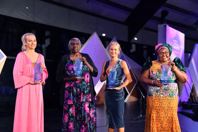 2021 AUSTRALIAN OF THE YEAR AWARDS, 2021 Young Australian of the Year winner Isobel Marshall, 2021 Senior Australian of the Year winner Dr Miriam-Rose Ungunmerr Baumann,2021 Australian of the Year winner Grace Tame and 2021 Local Hero winner Rosemary Kariuki during the 2021 Australian of the Year Awards at the National Arboretum in Canberra, Monday, January 25, 2021. ( NO ARCHIVING, EDITORIAL USE ONLY, NO USE IN BOOKS WITHOUT CONSENT CANBERRA ACT AUSTRALIA  Copyright: xMICKxTSIKASx 20210125001515990269