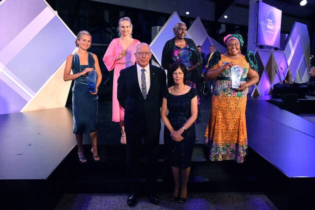 2021 AUSTRALIAN OF THE YEAR AWARDS, Governor General David Hurley and wife Linda (C) with 2021 Australian of the Year winner Grace Tame, 2021 Young Australian of the Year winner Isobel Marshall, 2021 Senior Australian of the Year winner Dr Miriam-Rose Ungunmerr Baumann and 2021 Local Hero winner Rosemary Kariuki during the 2021 Australian of the Year Awards at the National Arboretum in Canberra, Monday, January 25, 2021. ( NO ARCHIVING, EDITORIAL USE ONLY, NO USE IN BOOKS WITHOUT CONSENT CANBERRA ACT AUSTRALIA  Copyright: xMICKxTSIKASx 20210125001515991140