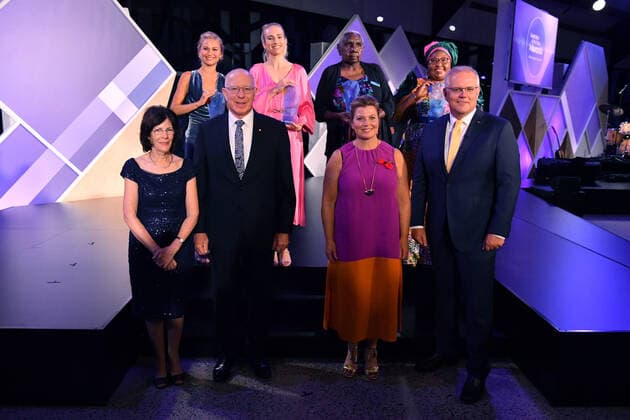 2021 AUSTRALIAN OF THE YEAR AWARDS, Governor General David Hurley and wife Linda and Prime Minister Scott Morrison with wife Jenny with 2021 Australian of the Year winner Grace Tame, 2021 Young Australian of the Year winner Isobel Marshall, 2021 Senior Australian of the Year winner Dr Miriam-Rose Ungunmerr Baumann and 2021 Local Hero winner Rosemary Kariuki during the 2021 Australian of the Year Awards at the National Arboretum in Canberra, Monday, January 25, 2021. ( NO ARCHIVING, EDITORIAL USE ONLY, NO USE IN BOOKS WITHOUT CONSENT CANBERRA ACT AUSTRALIA  Copyright: xMICKxTSIKASx 20210125001515991178