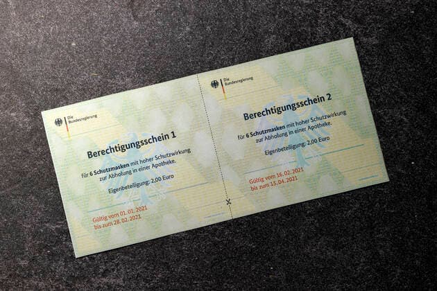 Bundesdruckerei has sent out forgery-proof authorization vouchers for FFP2 masks to German health insurance companies Once insured persons have received these vouchers, they can use them to obtain FFP2 masks or other equivalent masks from pharmacies Topic image, symbol image Foto:xC.xHardtx xFuturexImage