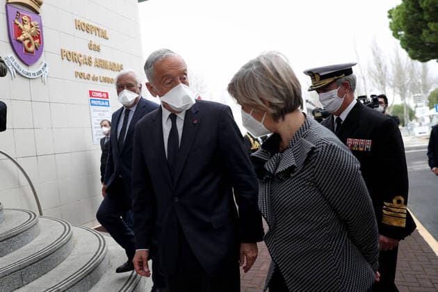 January 26, 2021, Lisbon, Portugal: Portuguese President Marcelo Rebelo de Sousa (2nd L) , Prime Minister Antonio Costa (L) and Health Minister Marta Temido (2nd R) visit a new COVID-19 ward being set up at the Military Hospital in Lisbon, Portugal on January 26, 2021. The Military Hospital is expanding it s number of beds available to take COVID-19 patients from the National Health Service, when Portugal on Tuesday saw another 291 deaths associated with Covid-19 in the previous 24 hours, the highest daily figure since the start of the pandemic, and 10,765 new confirmed cases of infection. Lisbon Portugal - ZUMAf123 20210126_zap_f123_006 Copyright: xPedroxFiuzax