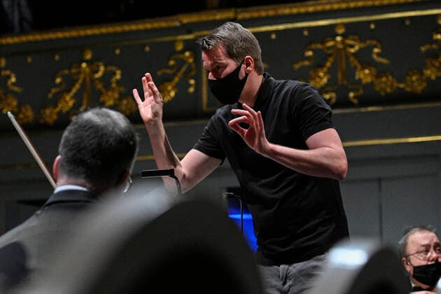 German conductor Karsten Januschke performs during the general rehearsal before the live Czech Television broadcast of the Mozart s Birthday 2021 concert at the Estates Theatre in Prague, Czech Republic, January 27, 2021. Due to the governmental restrictions, the concert will be performed without spectators. The concert will present selected highlights of Mozart’s operas Idomeneo and Le clemenza di Tito. (CTKxPhoto MichalxKamaryt) CTKPhotoP202101270741501  kmt 3