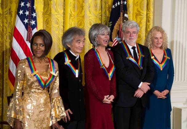 December 6, 2015, Washington, District of Columbia, USA: Actress and Broadway star Cicely Tyson (L), conductor Seiji Ozawa (C-L), actress and singer Rita Moreno (C), filmmaker George Lucas (C-R), singer-songwriter Carole King (R) attend the Kennedy Center Honorees Reception in the East Room of the White House in Washington, DC, USA, 06 December 2015. US President Barack Obama and First Lady Michelle Obama hosted the gathering. The 2015 Kennedy Center honorees are: singer-songwriter Carole King, filmmaker George Lucas, actress and singer Rita Moreno, conductor Seiji Ozawa, and actress and Broadway star Cicely Tyson Washington USA - ZUMAs152 20151206_zaa_s152_041 Copyright: xJimxLoscalzox
