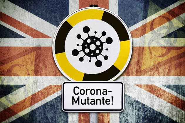PHOTOMONTAGE, shield with coronavirus symbol and flag of Great Britain, British virus mutant ** NUR FUER REDAKTIONELLE ZWECKE ** EDITORIAL USE ONLY **