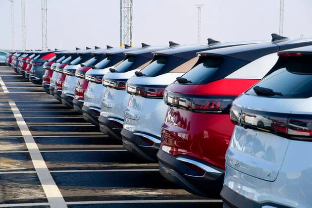 SUZHOU, CHINA - FEBRUARY 02: SAIC Volkswagen ID.4 electric sport-utility vehicles sit parked at a port along the Yangtze River on February 2, 2021 in Suzhou, Jiangsu Province of China.  Copyright: xVCGx CFP111315823825