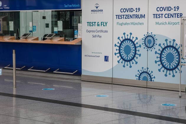 Munich, Germany 01 Feb 2021 The Franz Josef Strauss Airport in the state capital Munich, is not very busy due to the second lockdown to fight the Corona pandemic In the picture you can see the Covid 19 test center Bavaria Airport Copyright: xFotostandx xFritschx