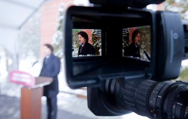 February 5, 2021, Ottawa, on, Canada: Two images of Prime Minister Justin Trudeau are seen in the viewfinder of a TV camera as he holds a news conference at Rideau Cottage in Ottawa on Friday, Feb. 5, 2021. Ottawa Canada  - ZUMAc35_ 20210205_zaf_c35_022 Copyright: xSeanxKilpatrickx