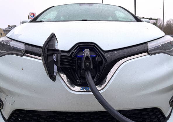 E-car Renault ZOE at a power station on a Total petrol station in Berlin, Germany, February 5, 2021.