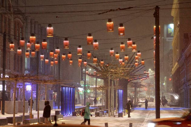 DNIPRO, UKRAINE - FEBRUARY 8, 2021 - String lights illuminate Korolenka Street as the lighting project has won the LIT Design Awards 2020 in the Landscape Lighting category in Dnipro, central Ukraine. Dnipro wins LIT Design Awards 2020  Copyright: xMykolaxMiakshykovx