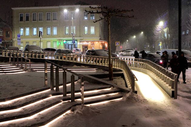 DNIPRO, UKRAINE - FEBRUARY 8, 2021 - Illuminated steps are pictured on Korolenka Street as the lighting project has won the LIT Design Awards 2020 in the Landscape Lighting category in Dnipro, central Ukraine. Dnipro wins LIT Design Awards 2020  Copyright: xMykolaxMiakshykovx