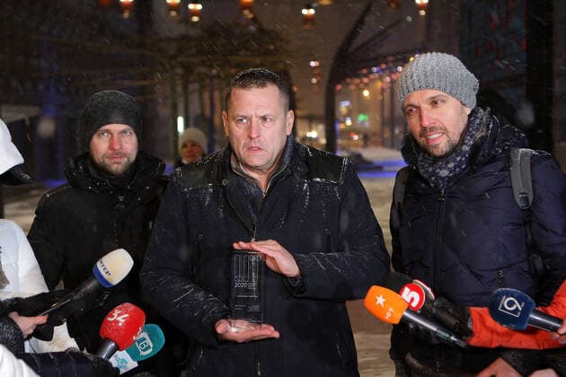 DNIPRO, UKRAINE - FEBRUARY 8, 2021 - Chief architect of Dnipro Dmytro Volyk, Dnipro city head Borys Filatov and lead designer, representative of Expolight Company Mykola Kabluka (L to R) meet the press to speak on the lighting project on Korolenka Street that won the LIT Design Awards 2020 in the Landscape Lighting category, Dnipro, central Ukraine. Dnipro wins LIT Design Awards 2020  Copyright: xMykolaxMiakshykovx