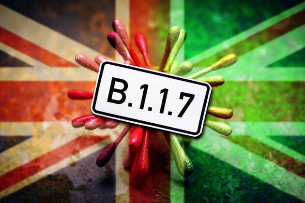 PHOTOMONTAGE, coronavirus model, lettering B 1 1 7 and flag of Great Britain, symbol photo British virus mutation ** NUR FUER REDAKTIONELLE ZWECKE ** EDITORIAL USE ONLY **