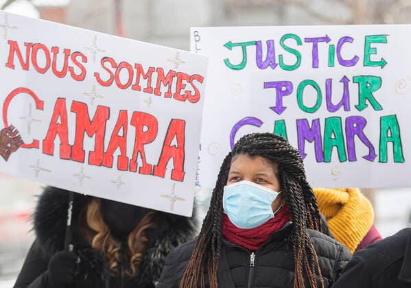 February 13, 2021, Montreal, PQ, Canada: People attend a protest called Ã¢â‚¬ËœWe are all CamaraÃ¢â‚¬â ¢ in Montreal, Saturday, February 13, 2021, calling for justice for Mamadi III Fara Camara, a man who was wrongfully arrested by police and jailed for six days. Montreal Canada  - ZUMAc35_ 20210213_zaf_c35_012 Copyright: xGrahamxHughesx