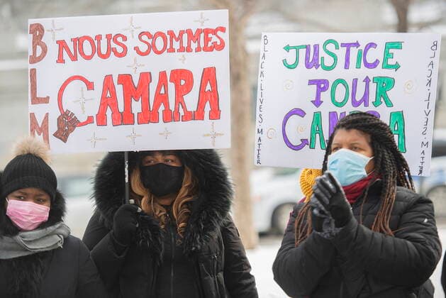 February 13, 2021, Montreal, PQ, Canada: People attend a protest called Ã¢â‚¬ËœWe are all CamaraÃ¢â‚¬â ¢ in Montreal, Saturday, February 13, 2021, calling for justice for Mamadi III Fara Camara, a man who was wrongfully arrested by police and jailed for six days. Montreal Canada  - ZUMAc35_ 20210213_zaf_c35_018 Copyright: xGrahamxHughesx