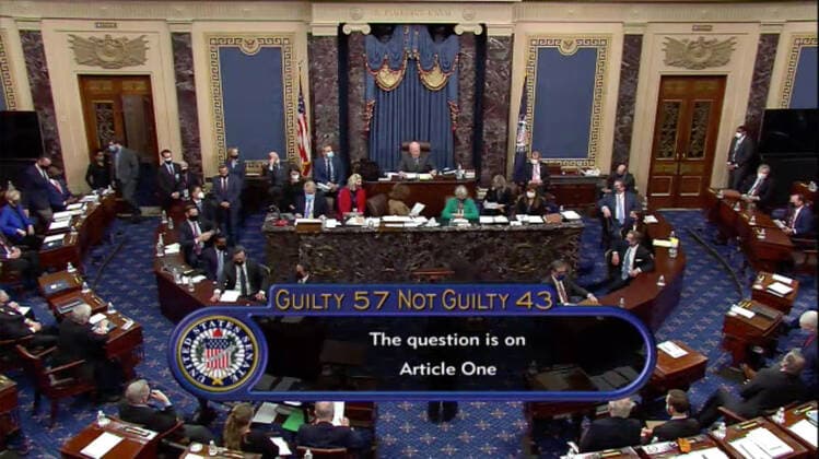 Bilder des Jahres 2021, News 02 Februar News Themen der Woche KW06 February 13, 2021, Washington, District of Columbia, USA: In this image from United States Senate television, United States Senator Patrick Leahy (Democrat of Vermont), President pro tempore of the US Senate, reads the verdict of the Senate on the single Article of Impeachment against former US President Donald J. Trump during Day 5 of the second impeachment trial of the former president in the US Senate in the US Capitol in Washington, DC on Saturday, February 13, 2021..Mandatory Credit: US Senate TV via CNP Washington USA - ZUMAs152 20210213_zaa_s152_298 Copyright: xUsxSenatexTvxViaxCnpx