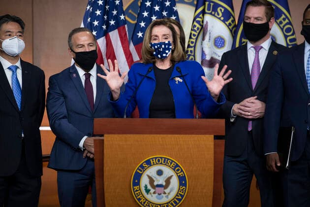 Bilder des Jahres 2021, News 02 Februar News Themen der Woche KW06 News Bilder des Tages February 13, 2021, Washington, District of Columbia, USA: Speaker of the United States House of Representatives Nancy Pelosi (Democrat of California) is joined by the impeachment managers as she offers remarks during a press conference at the U.S. Capitol, after the U.S. Senate voted 57-43 to acquit former President J. Trump on an impeachment charge of inciting the attack on the U.S. Capitol. Washington USA - ZUMAs152 20210213_zaa_s152_437 Copyright: xRodxLamkeyx-xCnpx