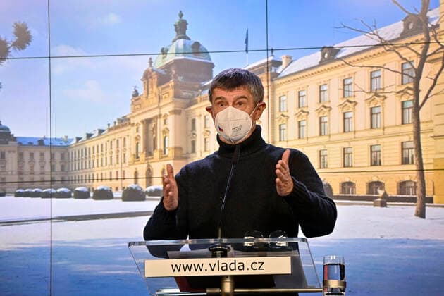 Czech Prime Minister Andrej Babis speaks during a press conference after government talks with governors on COVID-19 measures and prolongation of state of emergency, on February 14, 2021, in Prague, Czech Republic. (CTKxPhoto VitxSimanek) CTKPhotoP202102140679601  VIS 001